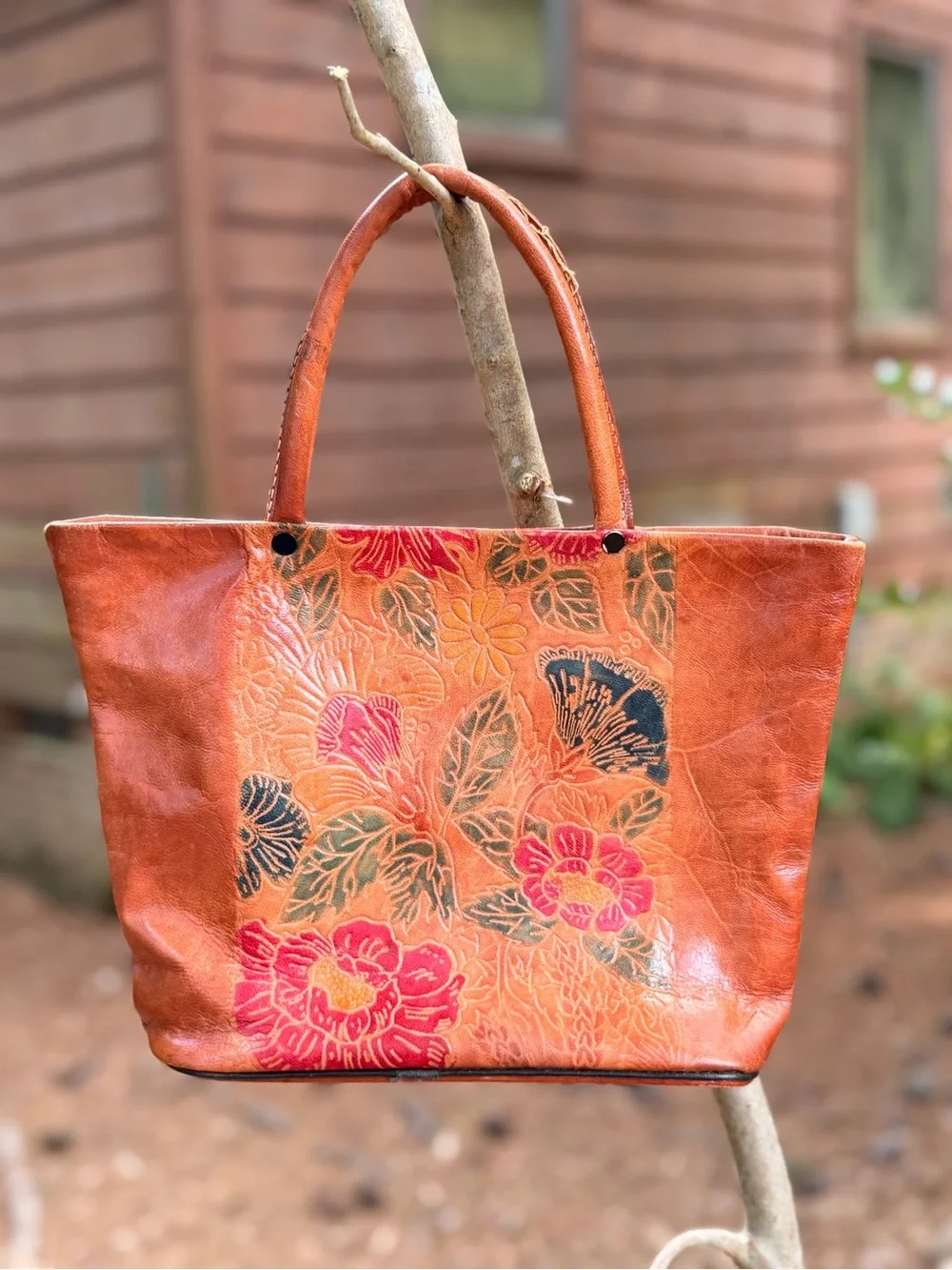 VTG Buffalo Leather Floral Saddle Bag Hand-tooled Hand-painted Red & Greens